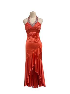 Vintage Y2K Deb Burnt Orange Coral Halter Dress Beaded Neckline High Low Ruffle